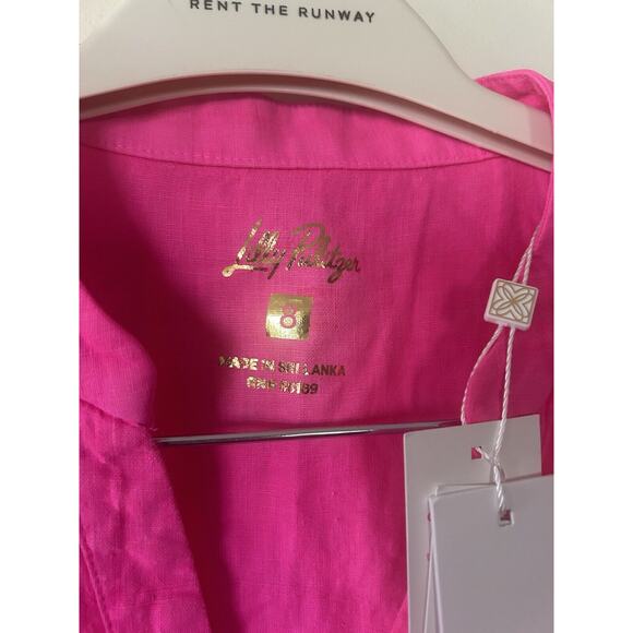 $138 NWT Lilly Pulitzer 100% Linen Hot Pink Barbie Short Puff Sleeve Blouse Sz 8 - Picture 6 of 12